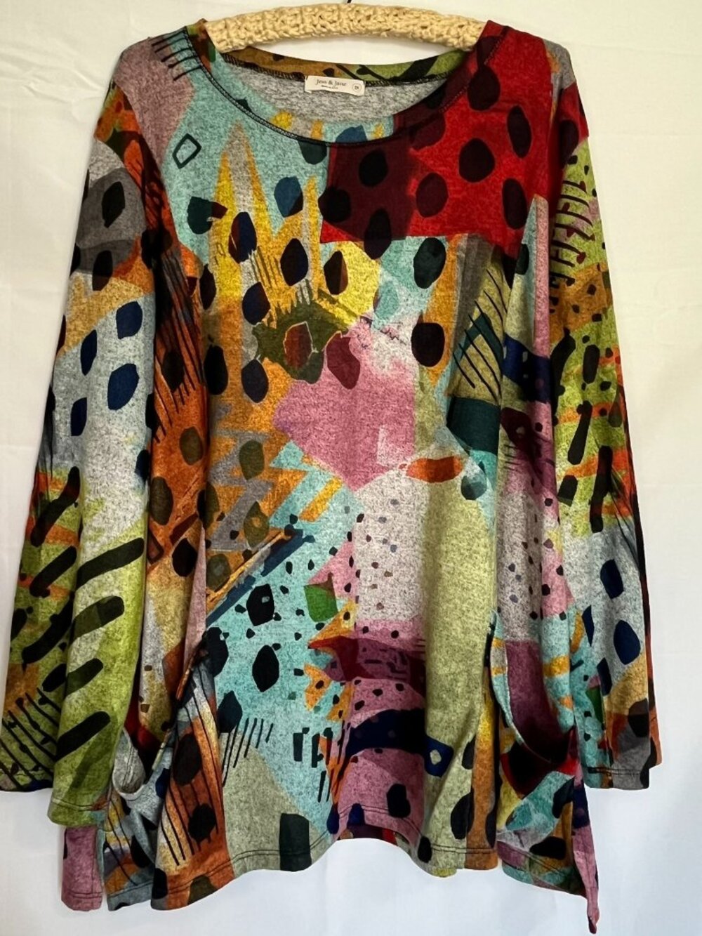 Jess & Jane Womens Plus 2X Top Abstract Pop Art To Wear Boho Lagenlook Pockets